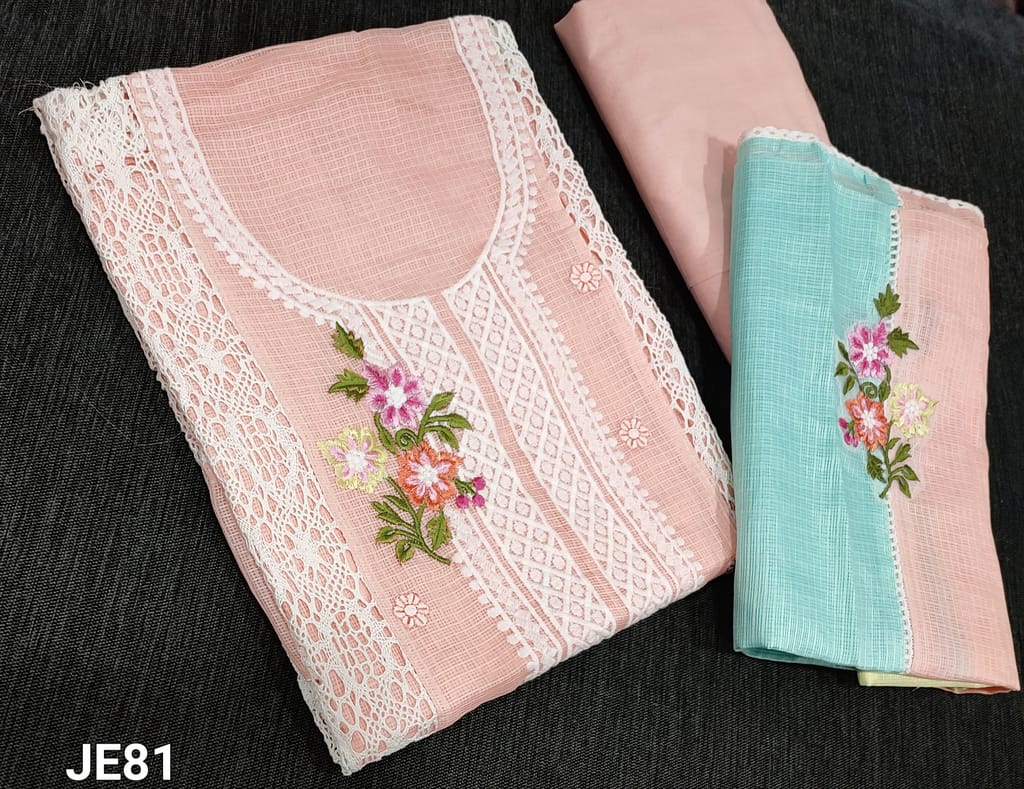CODE JE81 : Pastel Peach Kota Silk Cotton Unstitched Salwar material(Netted fabric requires lining) with lace and embroidery work on panel, matching cotton bottom, Multicolor fancy kota silk cotton dupatta with crochet embroidery and lace work.