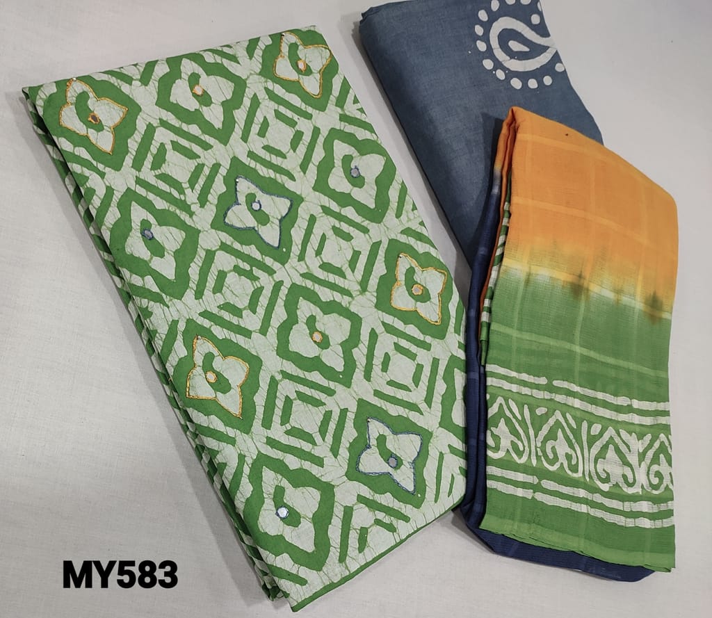 CODE MY583: Batik dyed Green soft Cotton unstitched salwar material(requires lining) with thread and faux mirror work on front side, batik dyed grey cotton bottom.  batik dyed multicolor soft mul cotton dupatta(requires taping)