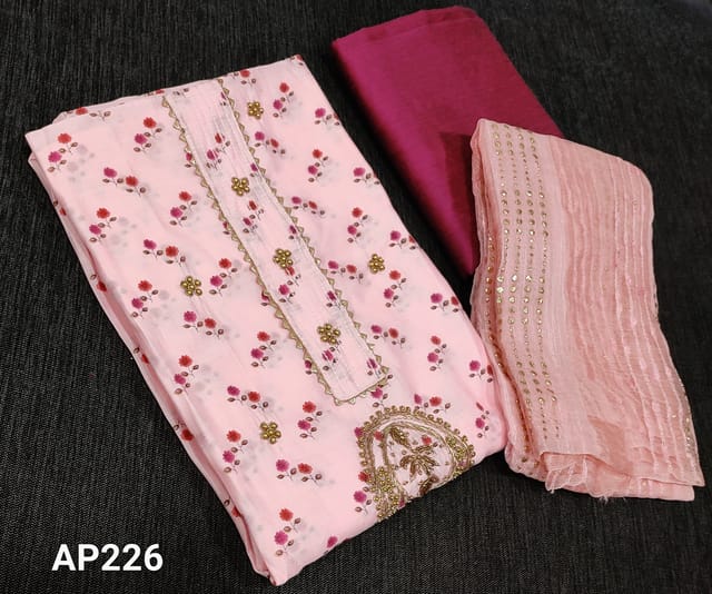 CODE AP227 : Designer Printed Pastel Pink Masleen Silk Unstitched Salwar material(thin flowy fabric requires lining) with bead, zardozi work on front side, dark pink silk cotton bottom, thread woven and foil work on fancy organza dupatta