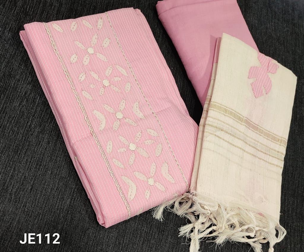 CODE JE112 : Pastel Pink soft Silk Cotton unstitched salwar material(requires lining) with lace and applique work on yoke,  matching soft cotton lining provided, NO BOTTOM, Applique work on silk cotton dupatta with tapings.