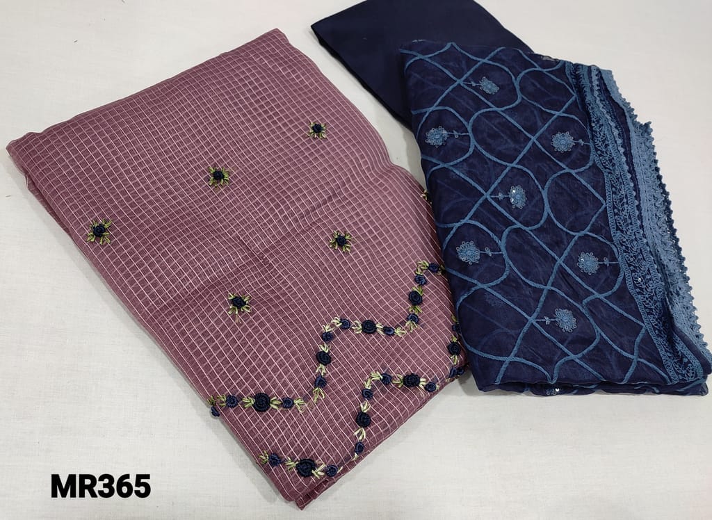 CODE MR365 : Designer checks Light Lavender Organza unstitched Salwar material(requires lining) with bullion rose embroidery work in daman, navy blue silk cotton bottom, Organza dupatta with sequence and embroidery work allover.