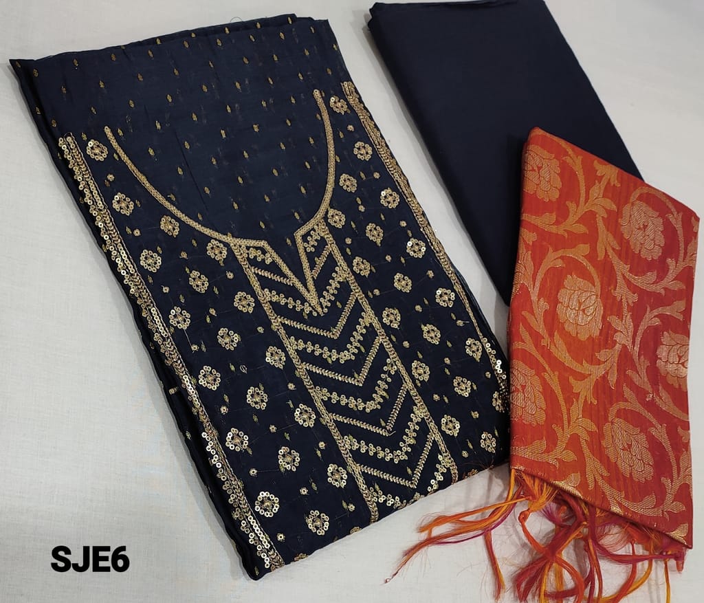 CODE SJE6 : Blue Silk Cotton Unstitched Salwar material(lining required) with zari woven buttas allover, zari embroidery and sequence work on yoke, matching cotton bottom, Benaras woven Silk cotton dupatta with tassels.