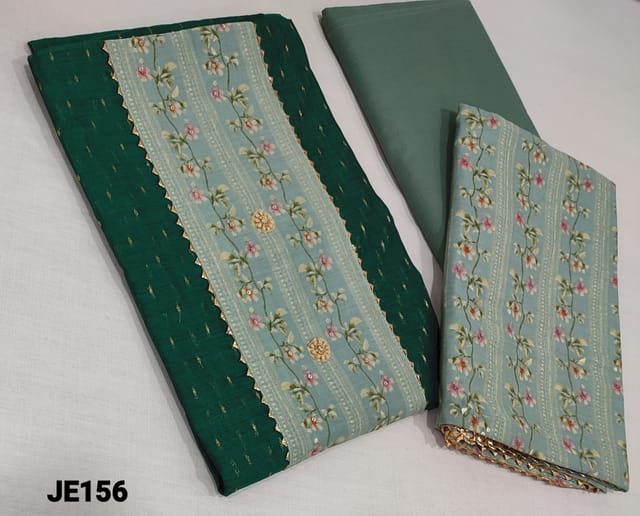 CODE JE156 : Premium Green Silk Cotton Unstitched salwar material (requires lining) with zari woven buttas allover, fancy buttons, sequence and digital printed on yoke, cement green cotton bottom, Digital printed and golden prints on fancy silk cotton dupatta with gota lace tapings.