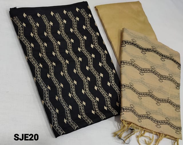 CODE SJE20: Black Silk Cotton unstitched Salwar material(thin fabric requires lining) with embroidery work on frontside, beige silk cotton bottom, embroidery work on fancy silk cotton dupatta with tassels.