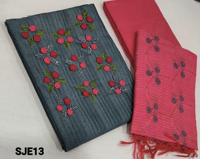 CODE SJE13: Designer Grey Jakard Silk Cotton unstitched Salwar material(lining required) with French knot and cut bead work on yoke, pink silk cotton bottom, embroidery work on kota silk cotton dupatta with tassels.