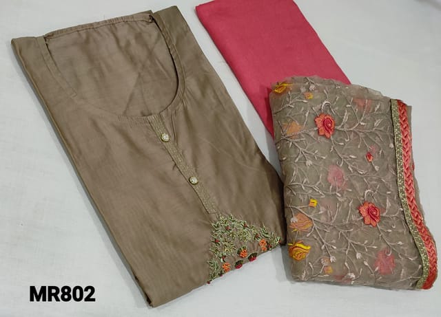 CODE MR802: Designer Light Brown Masleen Silk Unstitched Salwar material( requires lining ) with fancy buttons, cutbead, zardozi, french knot work on yoke, pink santoon bottom,  heavy embroidery work on organza dupatta with tapings.
