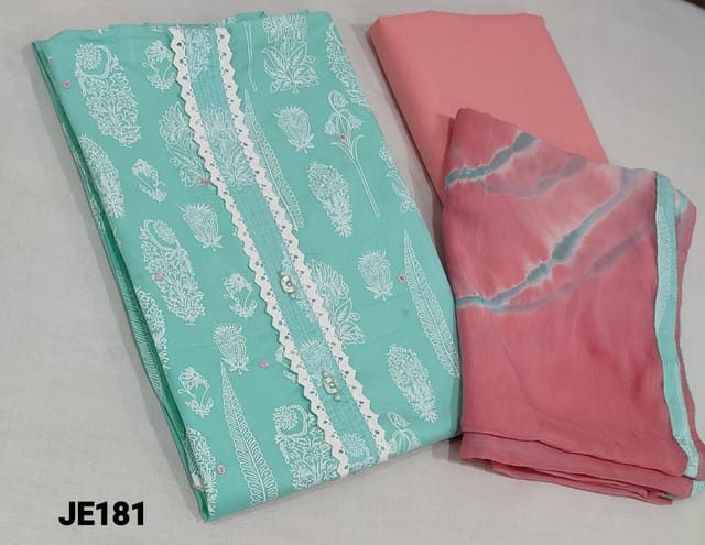 CODE JE181 : Printed Pastel Blue soft Cotton unstitched Salwar material(lining required) with faux mirror and lace work on yoke, cotton bottom, Shibori dyed chiffon dupatta with tapings