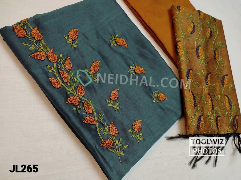 CODE JL265 : Light Teal Blue Fancy Soft Silk Cotton Unstitched Salwar material(Silky fabric, thin fabric, requires lining) with Heavy french knot and thread work on yoke, Honey Brown Silk Cotton bottom, Embroidery work on Honey Brown Fancy Silk cotton dupatta with tassels.