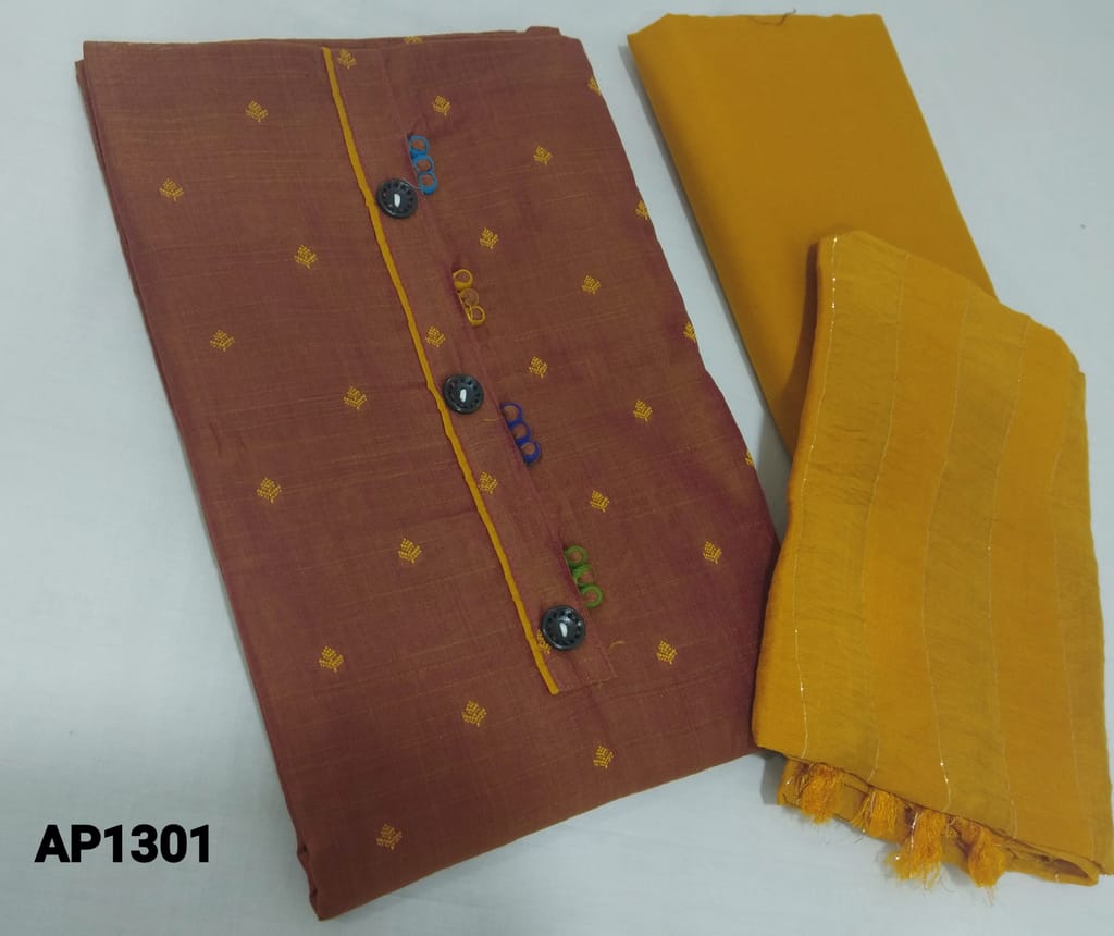 CODE AP1301 :  Brown Silk cotton unstitched Salwar material(lining optional) with thread woven embroidery allover, potli buttons on yoke, fenugreek yellow cotton bottom, zari lines on fancy silk cotton dupatta(requires taping)