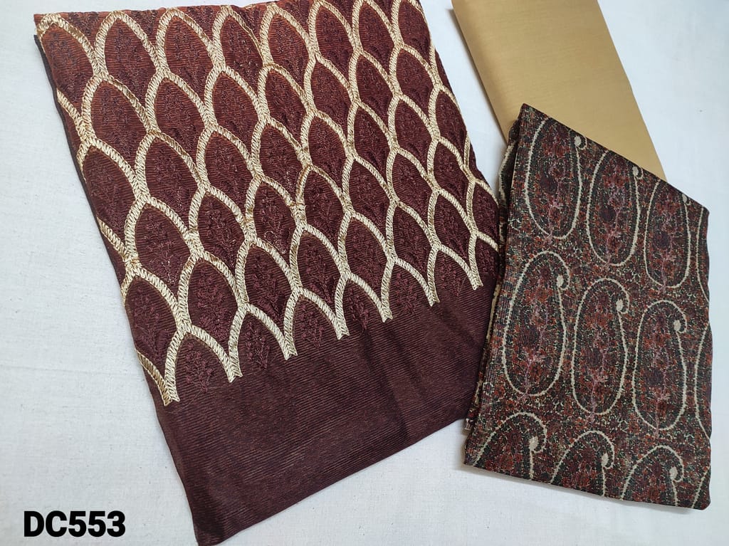 CODE DC553 : Gradient Maroon base Noil unstitched Salwar material( Netted fabric requires lining) with thread work on yoke, Beige silk cotton bottom, Digital printed noil dupatta (Taping needs to be stitched)