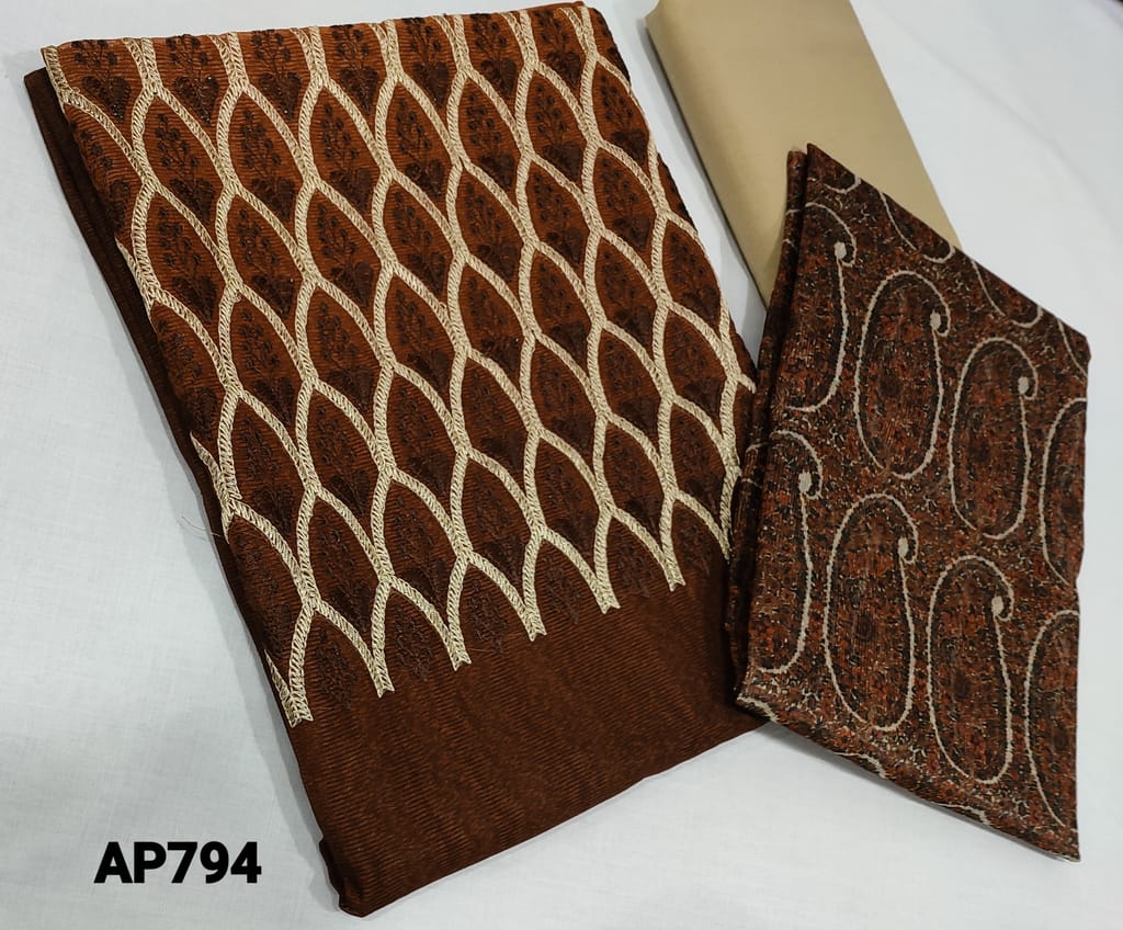 CODE AP794: Gradient Brown base Noil unstitched Salwar material( Netted fabric requires lining) with thread work on yoke, Beige silk cotton bottom, Digital printed noil dupatta (Taping needs to be stitched)