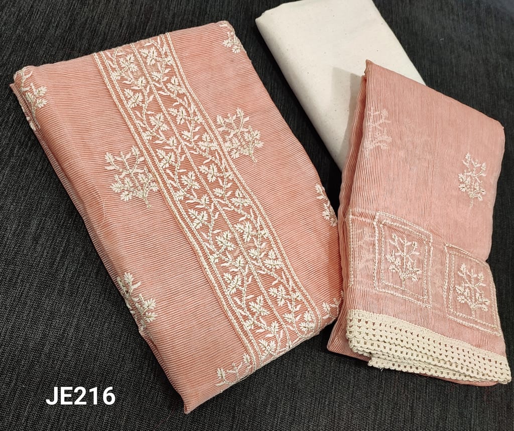 CODE JE216: Peach Super Net unstitched Salwar material( Netted fabric requires lining) with thread and zari embroidery work on frontside, jute flex cotton bottom, thread and zari embroidery work on super net dupatta with lace tapings