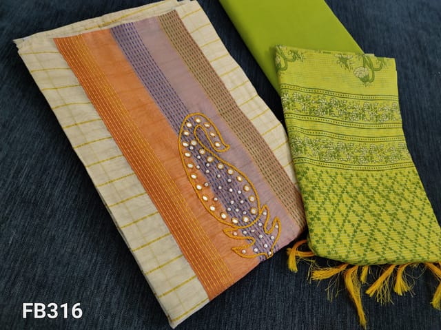 CODE FB316 : Beige Fancy Silk Cotton Unstitched salwar material(requires lining) with Golden Checks allover, thread, pearl bead, faux mirror work on yoke, Light Green Cotton Bottom, Fancy Silk Cotton Dupatta with tassels.