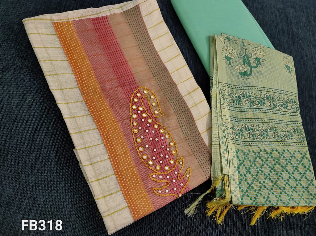 CODE FB318 : Beige Fancy Silk Cotton Unstitched salwar material(requires lining) with Golden Checks allover, thread, pearl bead, faux mirror work on yoke, Pastel Green Cotton Bottom, Fancy Silk Cotton Dupatta with tassels.