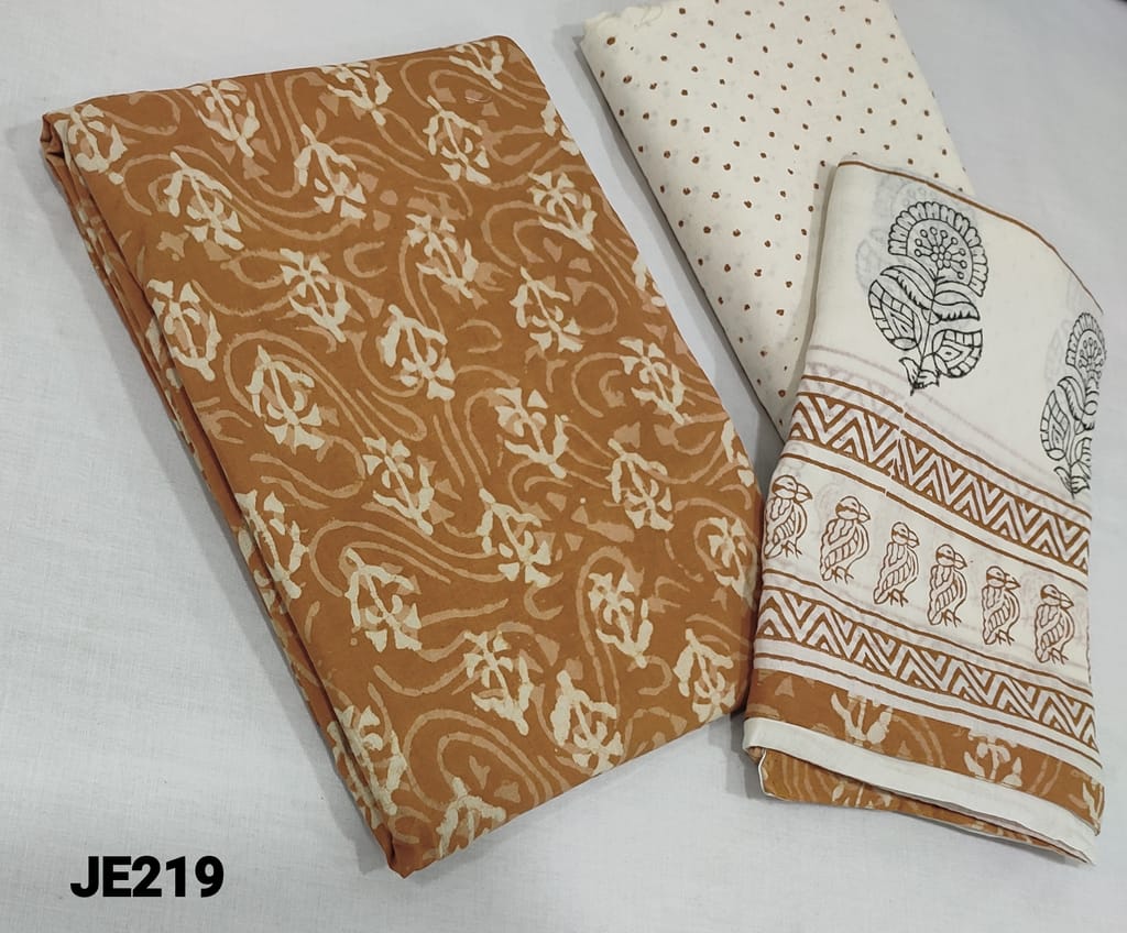 CODE JE219: Vegtable Dyed Block Printed Fenugreek Yellow soft Cotton unstitched salwar material(lining optional) , block printed cotton bottom, block printed mul cotton dupatta with tapings