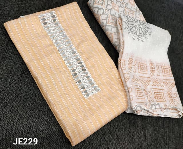 CODE JE229: Pastel Peach soft Spun Silk Cotton unstitched salwar material(lining required) with vertical silver zari lines, real mirror work on yoke, printed cotton bottom, block printed and thread work on chiffon dupatta with tapings