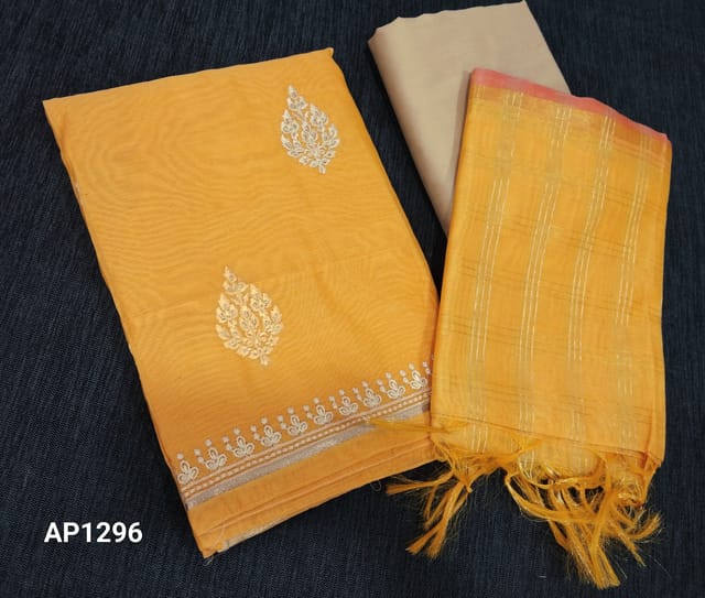CODE AP1296: Yellow Silk Cotton unstitched salwar material( requires lining) with zari and thread work on frontside, beige silk cotton bottom, checks zari lines on  fancy silk cotton dupatta with tassels