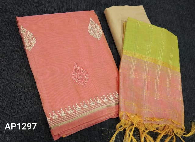 CODE AP1297: Pink Silk Cotton unstitched salwar material( requires lining) with zari and thread work on frontside, beige silk cotton bottom, checks zari lines on  fancy silk cotton dupatta with tassels