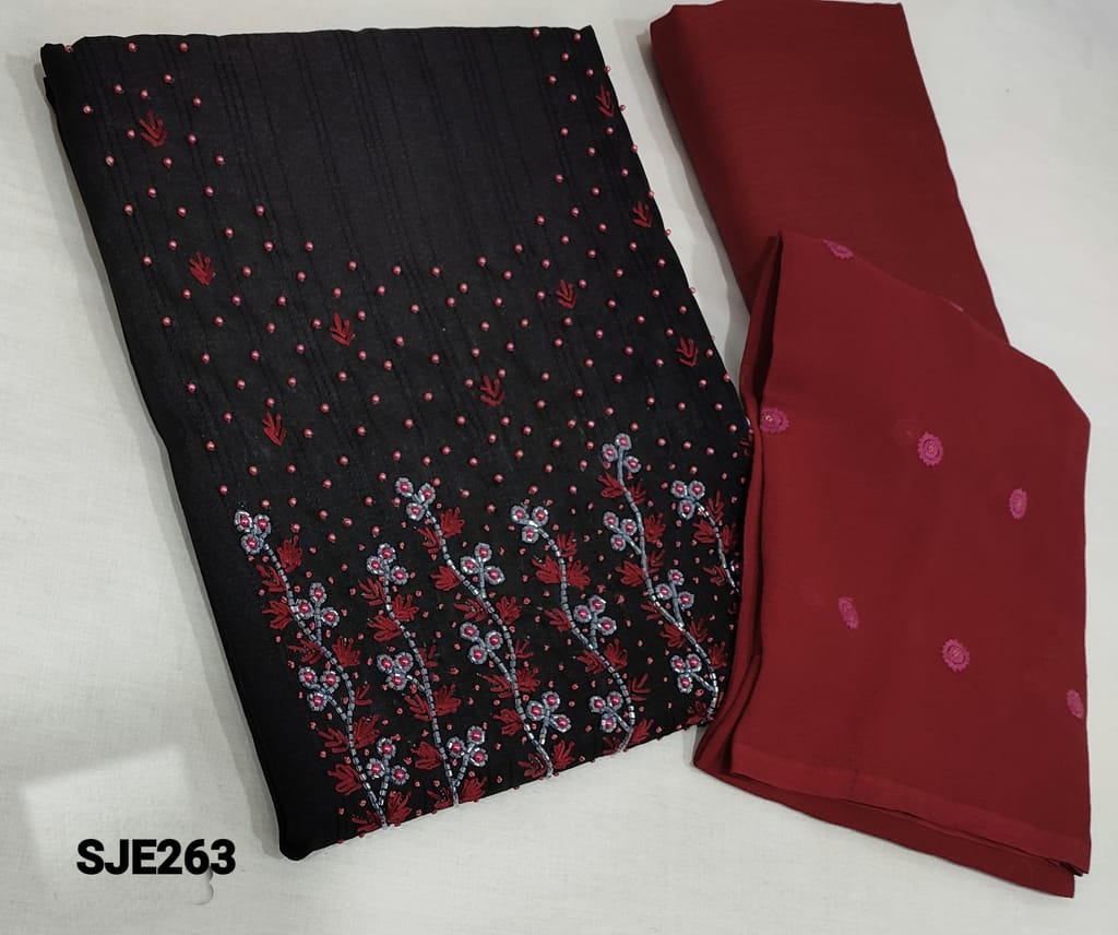 CODE SJE263 : Black fancy Silk Cotton unstitched Salwar material(slightly course fabric, Lining required) with pearl bead, cut bead, thread and french knot work on yoke, maroon cotton bottom, thread and sequence work on chiffon dupatta with lace tapings.