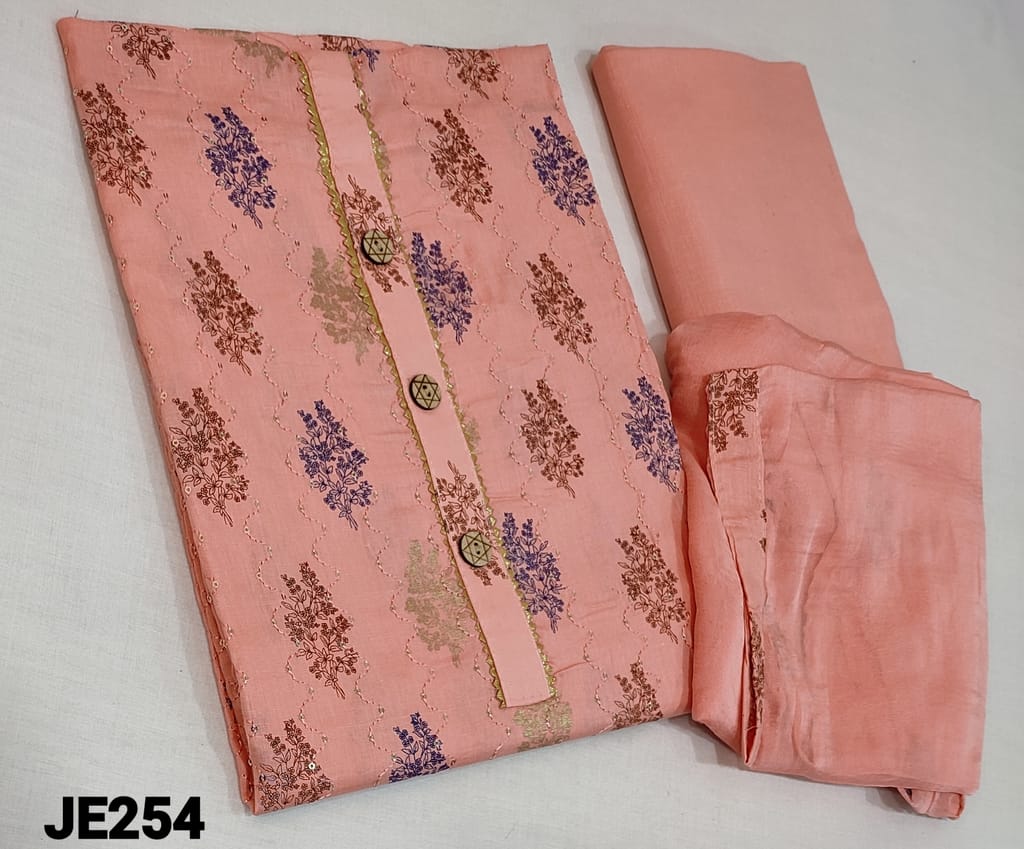 CODE JE254: Printed Pink Soft Cotton Unstitched salwar material (lining required) with wodden buttons and gota lace tapings on yoke, thread and sequence work on frontside, matching cotton bottom,  plain pure chiffon dupatta with tapings.