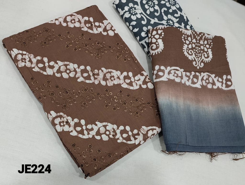 CODE JE224: Light Brown Batik Dyed Cotton unstitched salwar material(lining required) with cut work on frontside, batik dyed grey cotton bottom, batik dyed dual shaded kota cotton dupatta