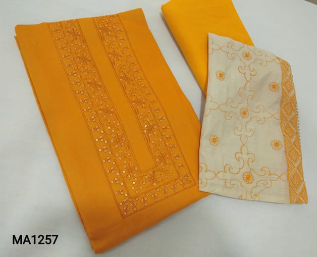 CODE AP1257 : Yellow Soft Satin Cotton unstitched Salwar material(lining optional) with embroidery and sequence work on yoke, matching cotton bottom, embroidery work on fancy silk cotton dupatta with gota lace tapings.