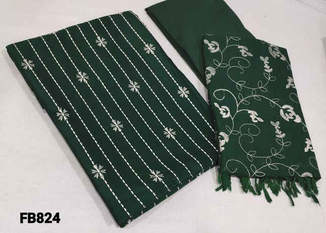 CODE FB824 : Bottle Green Fancy Silk Cotton unstitched Salwar material(coarse fabric lining required) with heavy thread embroidery work on front side, Plain back, santoon or silk cotton bottom, soft Linen silk cotton dupatta with heavy embroidery work and tassels