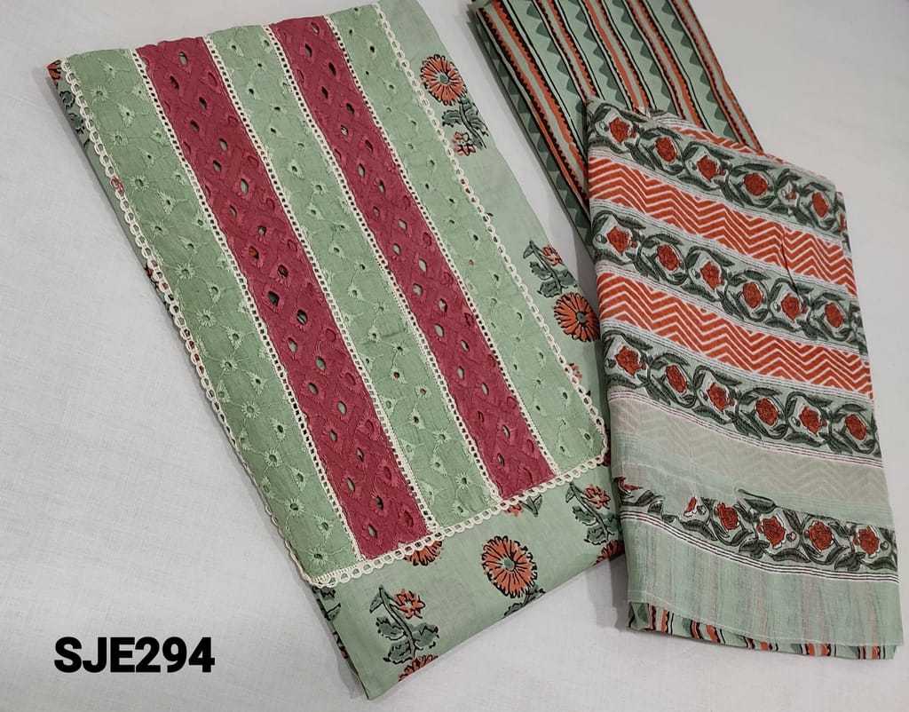 CODE SJE294 : Printed pastel Green cotton unstitched Salwar material(requires lining)with hakoba cutwork and lace work on yoke, printed cotton bottom, printed mul cotton dupatta.