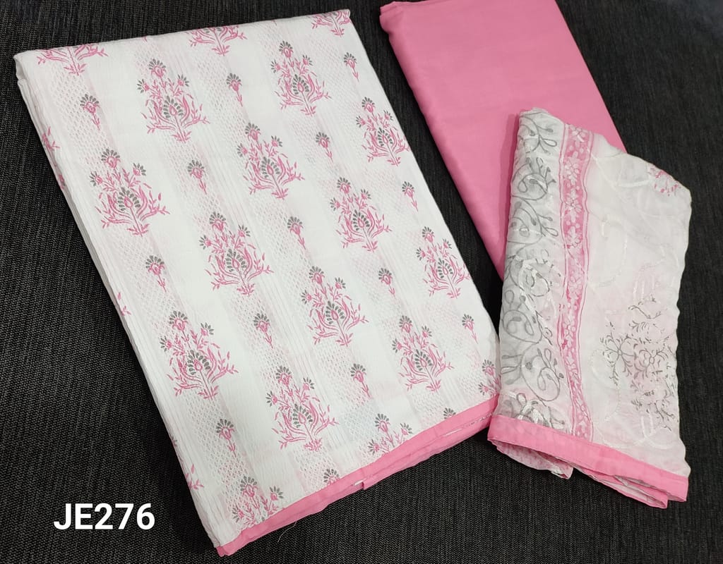 CODE JE276 : Printed White Jakard Cotton Unstitched Salwar material (requires lining) , daman patch, Pink cotton bottom, printed and embroidery work on chiffon dupatta with tapings