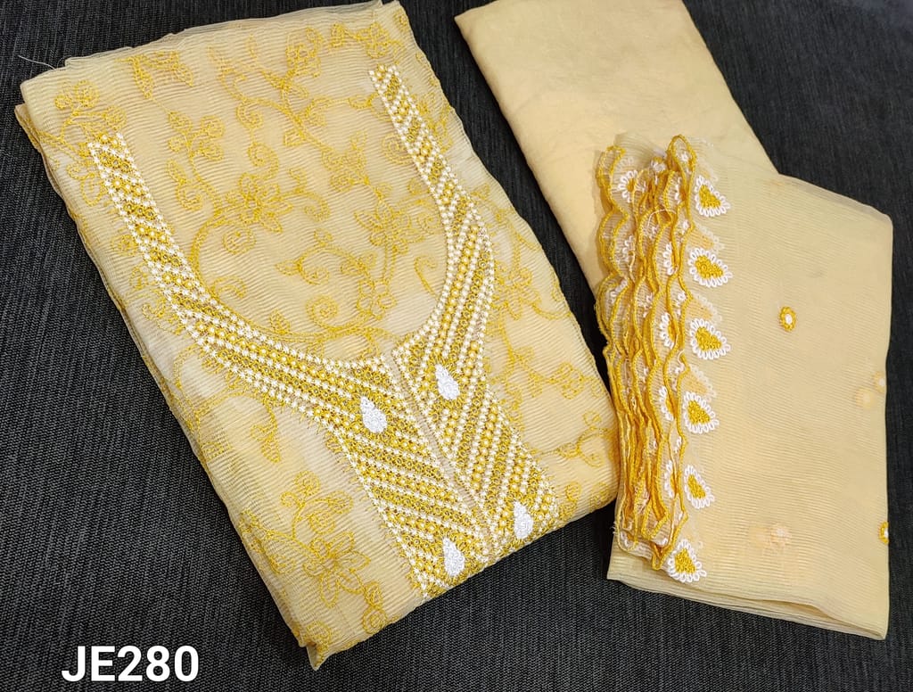 CODE JE280 : Premium Yellow Super Net Unstitched Salwar material (netted fabric, requires lining) with embroidery work on frontside, matching santoon bottom, embroidery work on Super Net Dupatta with lace tapings.