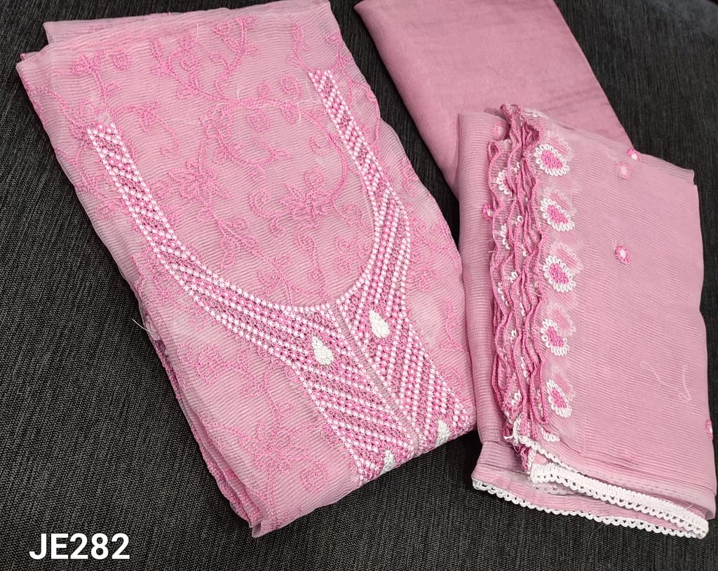 CODE JE282 : Premium Pink Super Net Unstitched Salwar material (netted fabric, requires lining) with embroidery work on frontside, matching santoon bottom, embroidery work on Super Net Dupatta with lace tapings.