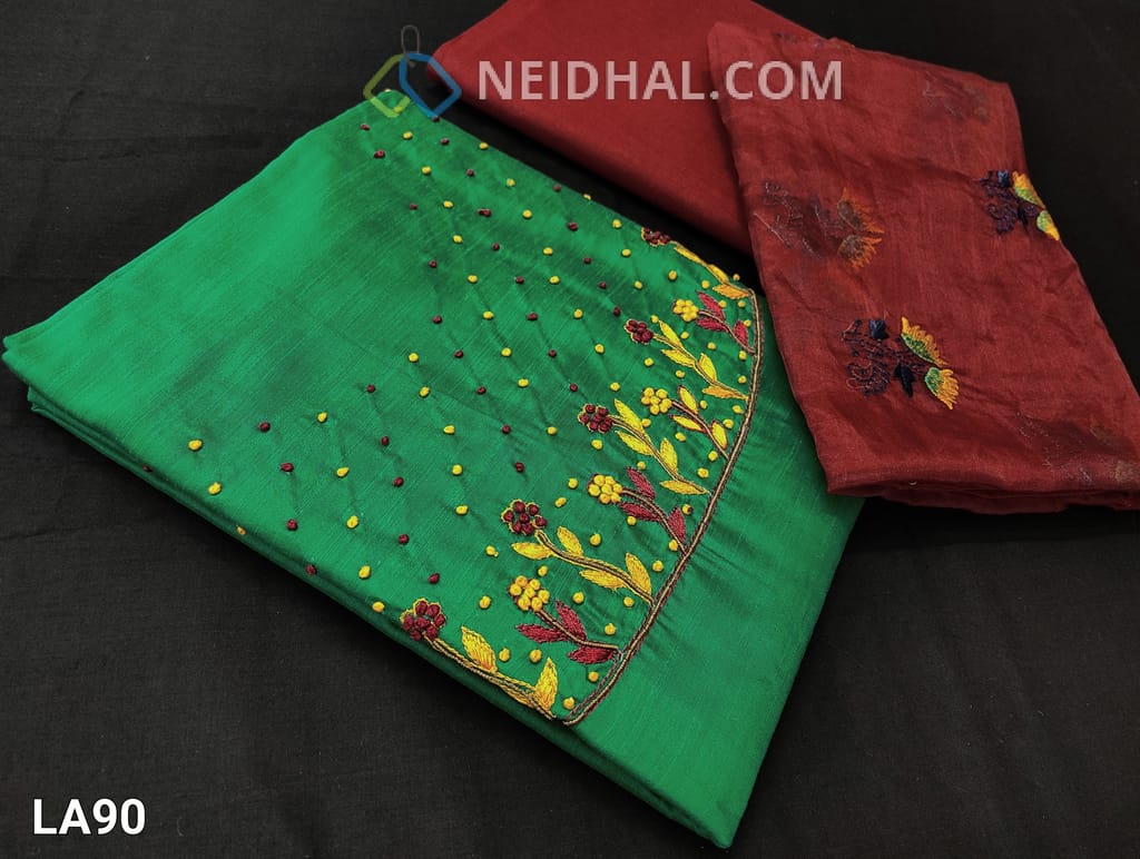 CODE LA90 : Premium Green Dupion Silk unstitched salwar material(requires lining) with embroidery and french knot work on yoke, maroon cotton bottom, embroidery work on short width organza dupatta