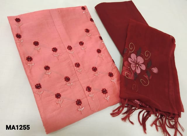 CODE MA1255: Premium Peachish Pink Fancy Silk Cotton unstitched salwar material(requires lining) with embroidery and cut bead work on yoke,  maroon silk cotton bottom, brush paint work on organza dupatta with tassels