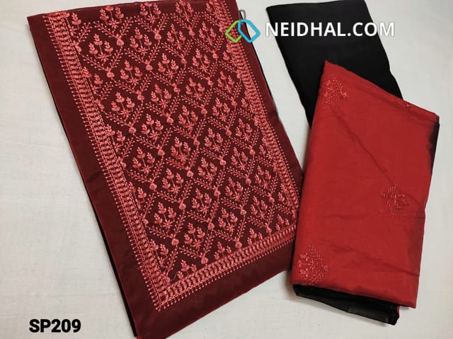 CODE SP209 : Maroon Organza Unstitched Salwar material(thin fabric requires lining) Heavy thread work on yoke and Ombre pattern, Black Santoon bottom, Ombre pattern Organza dupatta with embroidery work