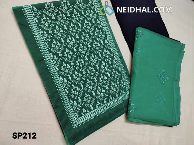CODE SP212 : Green Organza Unstitched Salwar material(thin fabric requires lining) Heavy thread work on yoke and Ombre pattern, Blue Santoon bottom, Ombre pattern Organza dupatta with embroidery work