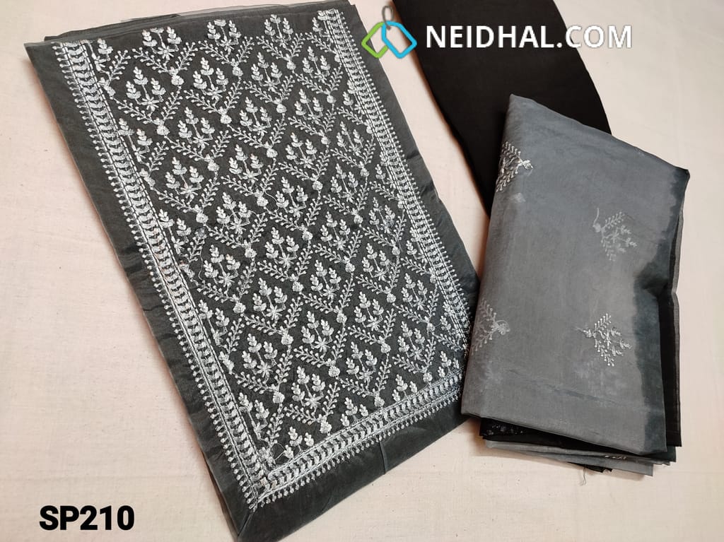 CODE SP210 : Grey Organza Unstitched Salwar material(thin fabric requires lining) Heavy thread work on yoke and Ombre pattern, Black Santoon bottom, Ombre pattern Organza dupatta with embroidery work
