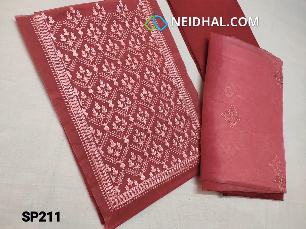 CODE SP211 : Pink Organza Unstitched Salwar material(thin fabric requires lining) Heavy thread work on yoke and Ombre pattern, Maroon Santoon bottom, Ombre pattern Organza dupatta with embroidery work