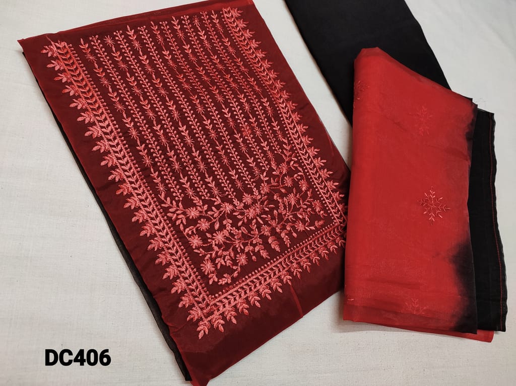 CODE DC406 : Maroon Organza Unstitched Salwar material(thin fabric requires lining) Heavy thread work on yoke and Ombre pattern, Black Santoon bottom, Ombre pattern Organza dupatta with embroidery work