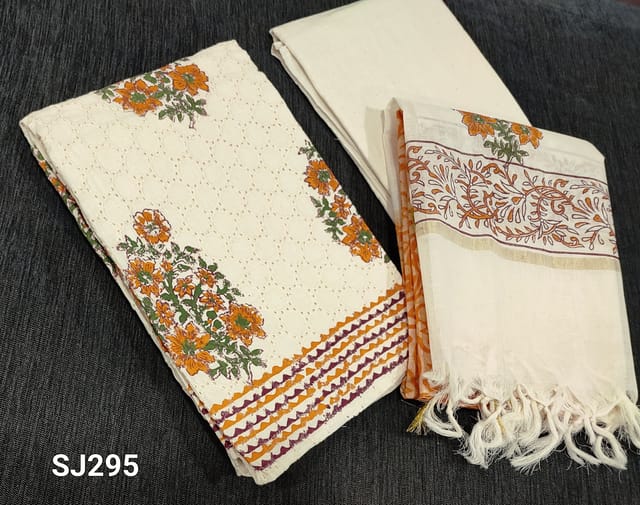 CODE JE295 : Premium Half White Hakoba Cotton Unstitched Salwar material(requires lining) with block print and cutwork on frontside, kadhi cotton bottom, block printed silk cotton dupatta with tassels.