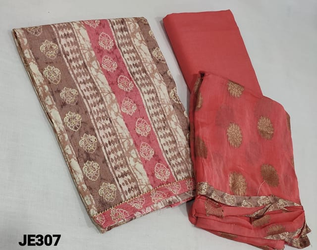 CODE JE312: Brown and Peach Liquid fabric unstitched Salwar material(flowy fabric, lining Optional) with golden prints on frontside, peachish pink cotton bottom zari woven chiffon dupatta with tapings.