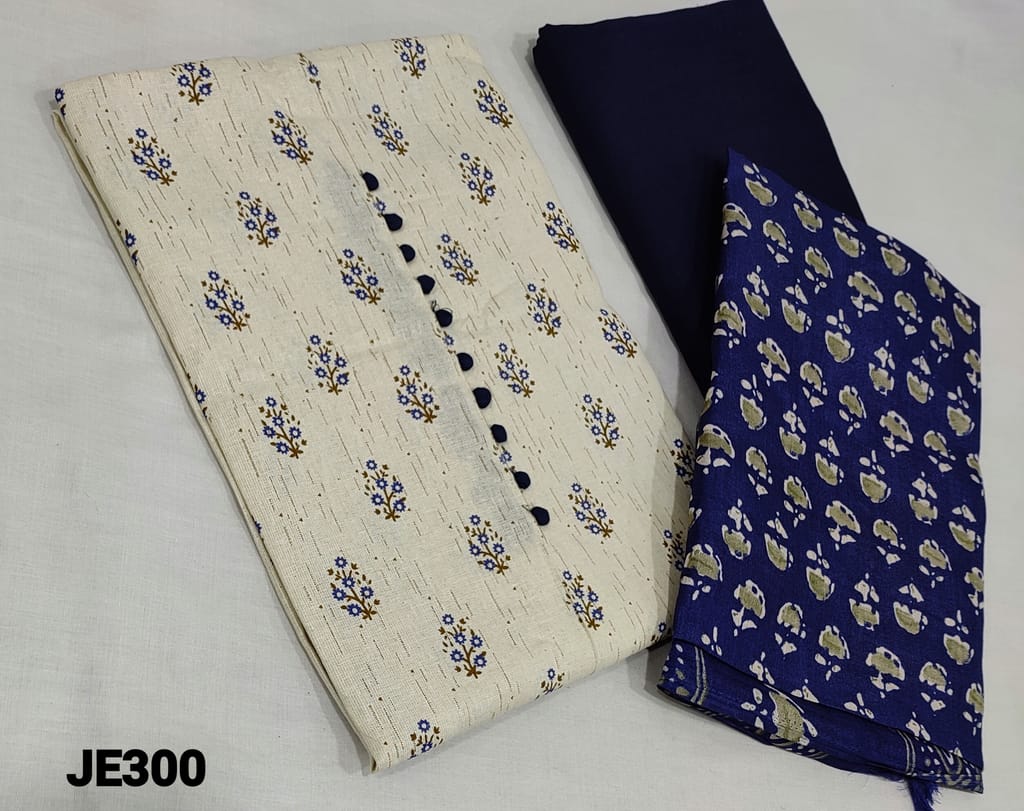 CODE JE300: Printed half White Kadhi Cotton unstitched Salwar material(lining required) with potli buttons on yoke, navy blue cotton bottom, printed art silk dupatta with tassels