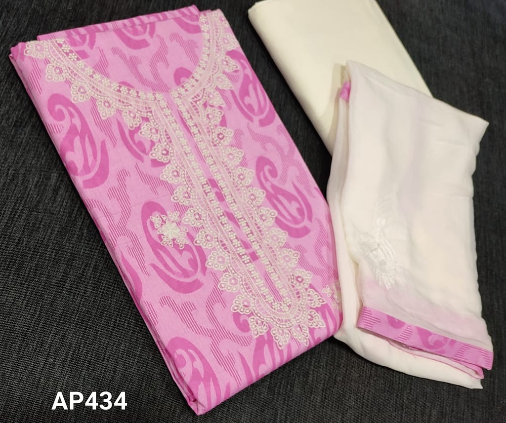 CODE AP434 : Dark Purplish Pink Jakard Cotton unstitched Salwar material(requires lining) with thread embroidery work on yoke and frontside, half white cotton bottom, embroidery work on soft chiffon dupatta with tapings