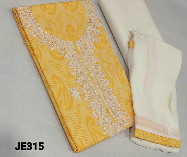 CODE JE315: Yellow Jakard Cotton unstitched Salwar material(requires lining) with thread embroidery work on yoke and frontside, half white cotton bottom, embroidery work on soft chiffon dupatta with tapings