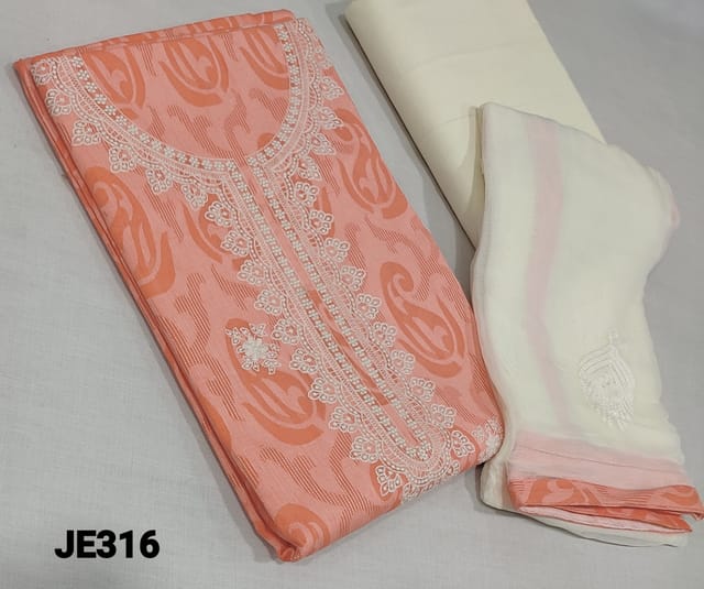 CODE JE316 : Peach Jakard Cotton unstitched Salwar material(requires lining) with thread embroidery work on yoke and frontside, half white cotton bottom, embroidery work on soft chiffon dupatta with tapings