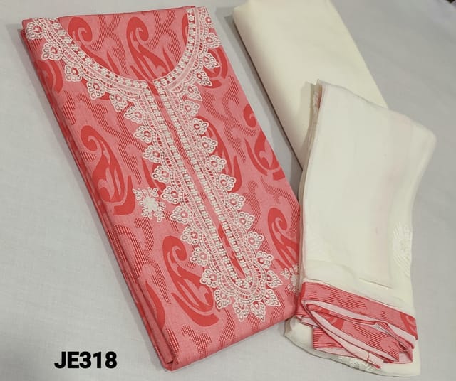 CODE JE318 :  Pink Jakard Cotton unstitched Salwar material(requires lining) with thread embroidery work on yoke and frontside, half white cotton bottom, embroidery work on soft chiffon dupatta with tapings