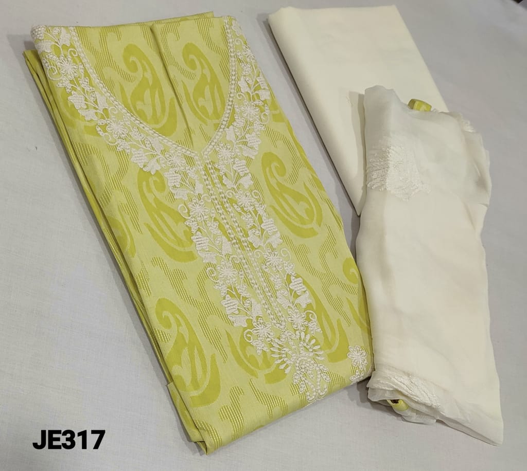 CODE JE317 : Light Green Jakard Cotton unstitched Salwar material(requires lining) with thread embroidery work on yoke and frontside, half white cotton bottom, embroidery work on soft chiffon dupatta with tapings
