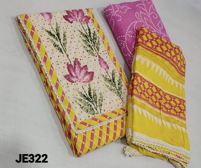 CODE JE322 : Printed Yellow Cotton Unstitched salwar material (requires lining) with brush paint and cutwork on yoke, printed pink cotton bottom, Printed mul cotton dupatta with lace tapings.