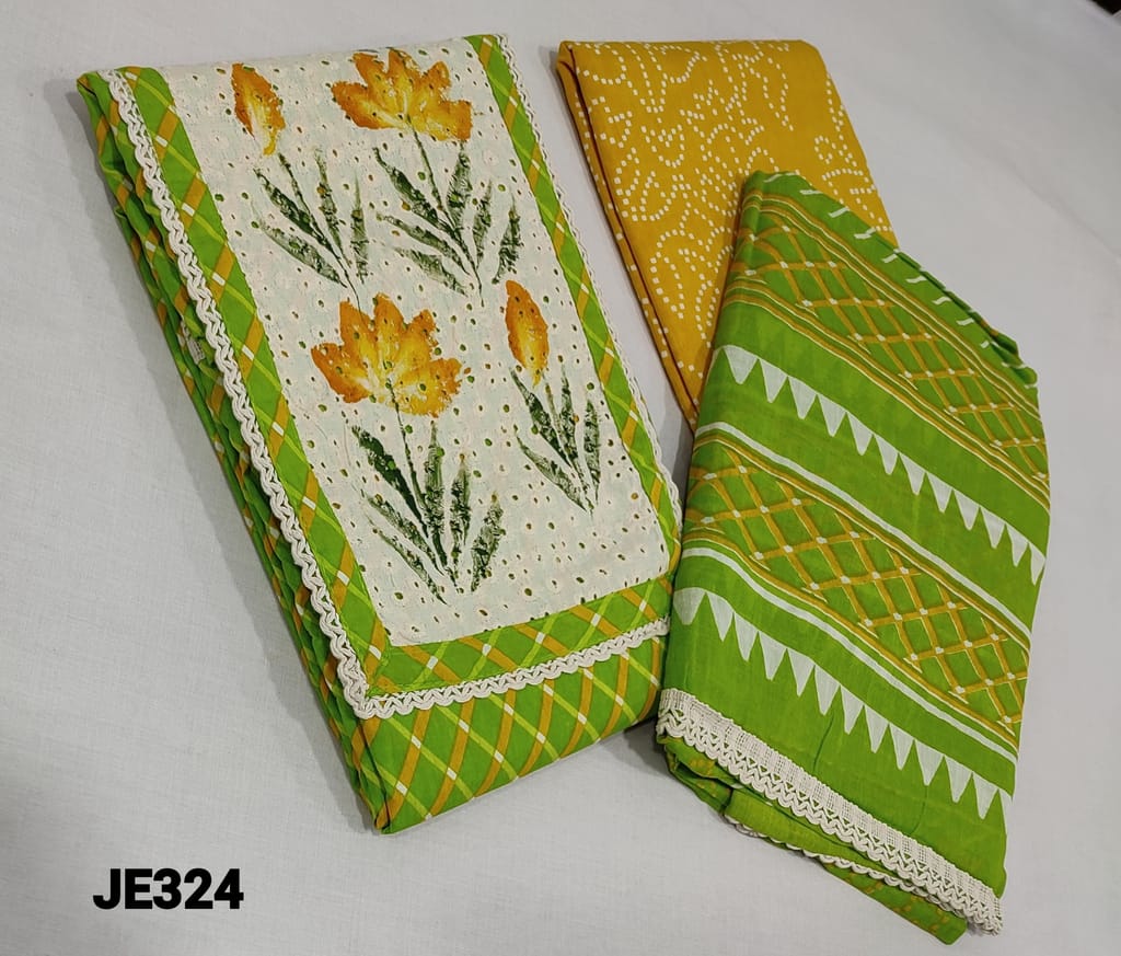 CODE JE324 : Printed Green Cotton Unstitched salwar material (requires lining) with brush paint and cutwork on yoke, printed yellow cotton bottom, Printed mul cotton dupatta with lace tapings.
