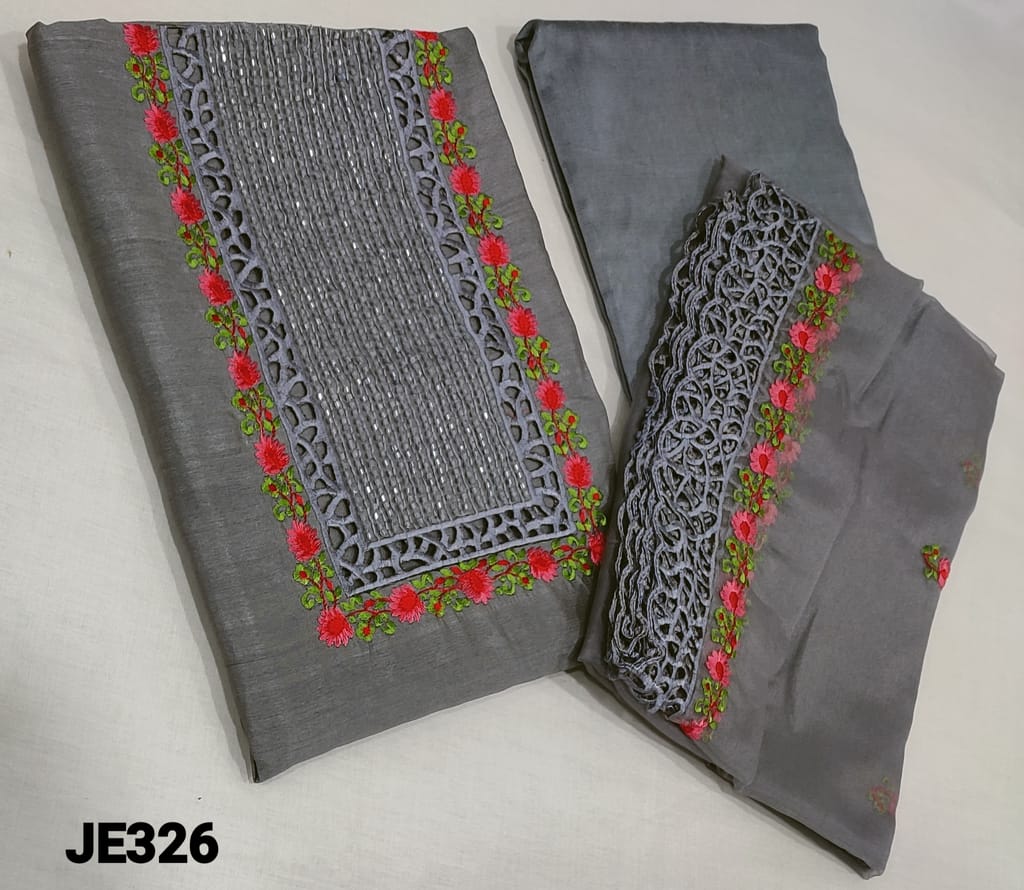 CODE JE326: Designer Grey Silk Cotton unstitched Salwar material(thin fabric requires lining) with Heavy cut bead work ,cut work and Thread embroidery  yoke, silk cotton bottom, Organza dupatta with heavy thread embroidery and cut work taping