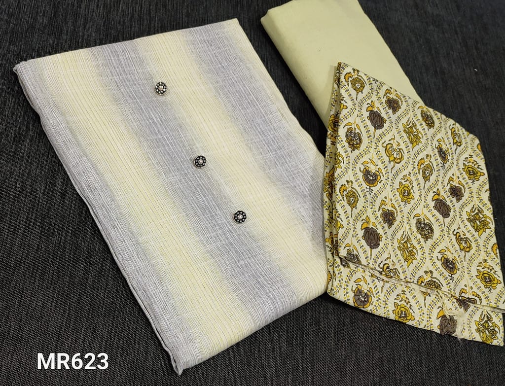 CODE MR623 :  Premium Yellow and Grey soft Spun Silk Cotton unstitched Salwar material(flowy fabric lining Optional), Greenish yellow drum dyed fabric can be used as lining or bottom, Printed Jaquard Fancy silk cotton dupatta(Taping required)
